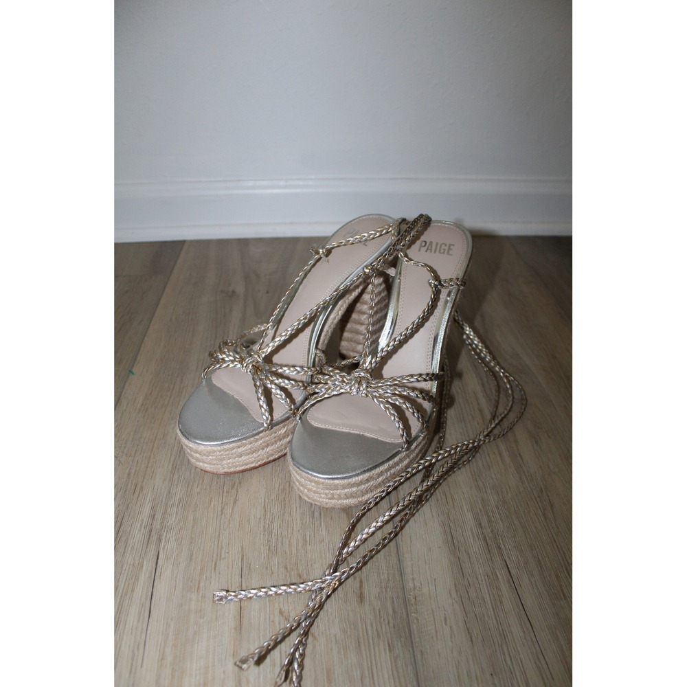 PAIGE Metallic Silver Braided Lace Up Espadrille Platform Block Heel Sandals 10